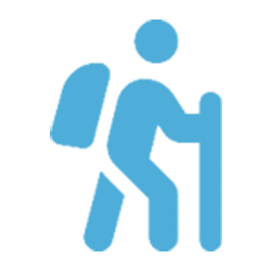 A blue icon of a person with a backpack.